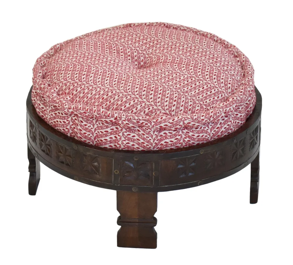 Red &amp; White Patterned Upholstered Carved Wooden Ottoman Single Piece
