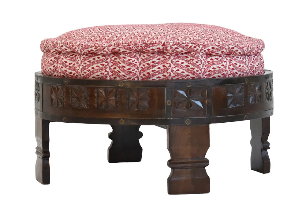 Red &amp; White Patterned Upholstered Carved Wooden Ottoman Single Piece