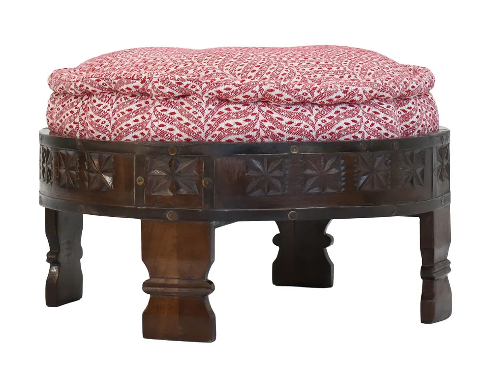 Red &amp; White Patterned Upholstered Carved Wooden Ottoman Single Piece
