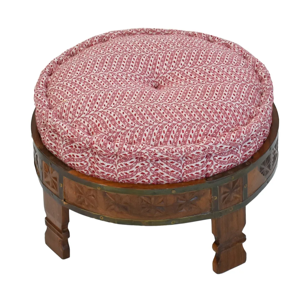 Red &amp; White Patterned Upholstered Natural Brown Carved Wooden Ottoman Single Piece
