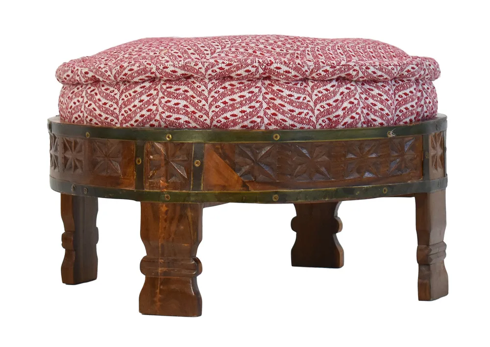 Red &amp; White Patterned Upholstered Natural Brown Carved Wooden Ottoman Single Piece