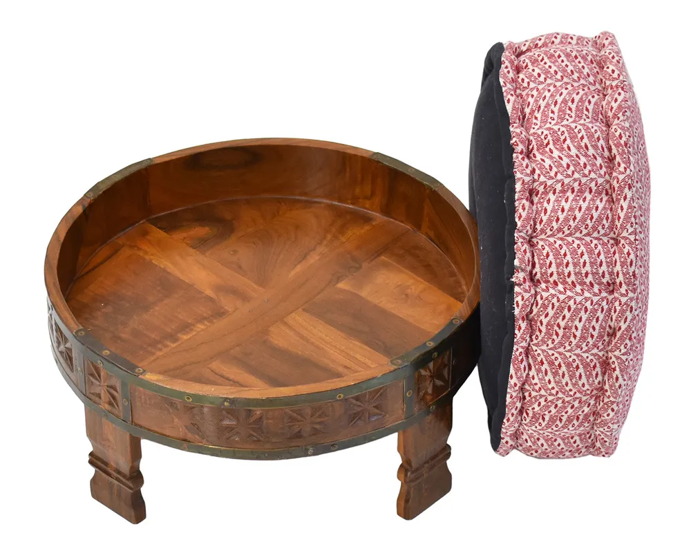 Red &amp; White Patterned Upholstered Natural Brown Carved Wooden Ottoman Single Piece