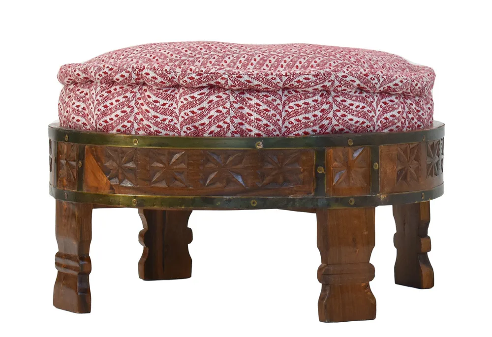 Red &amp; White Patterned Upholstered Natural Brown Carved Wooden Ottoman Single Piece