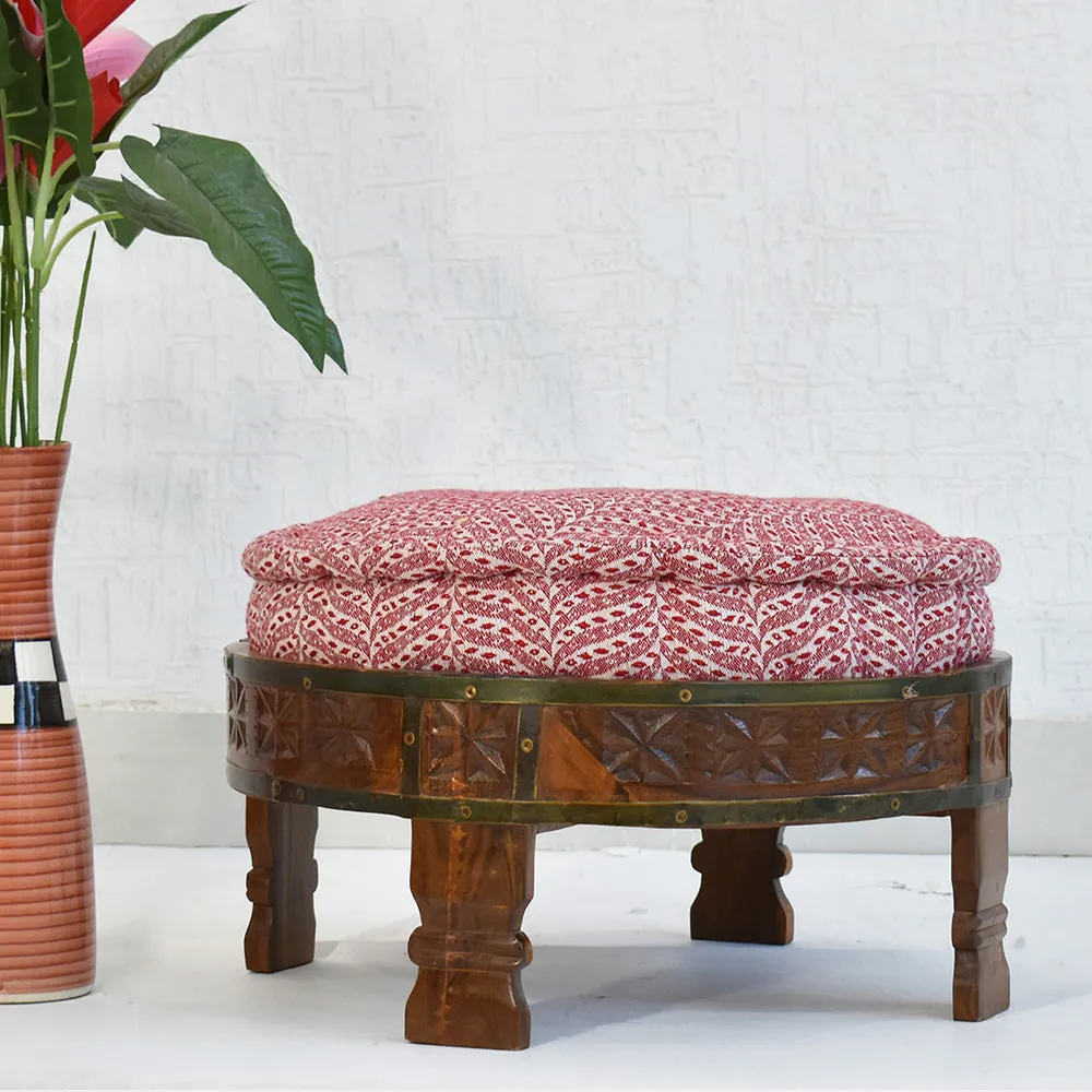 Red &amp; White Patterned Upholstered Natural Brown Carved Wooden Ottoman Single Piece