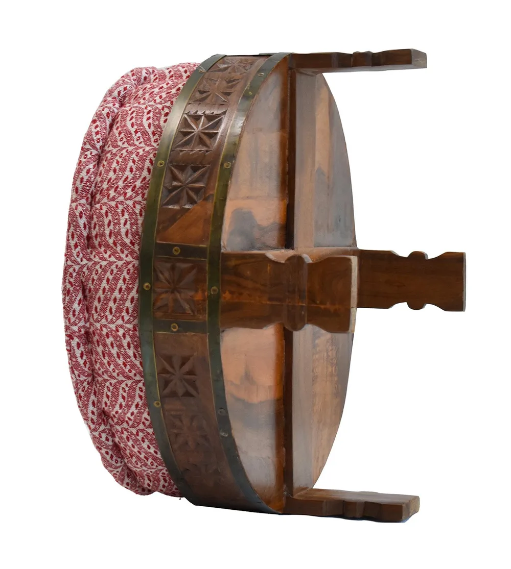 Red &amp; White Patterned Upholstered Natural Brown Carved Wooden Ottoman Single Piece