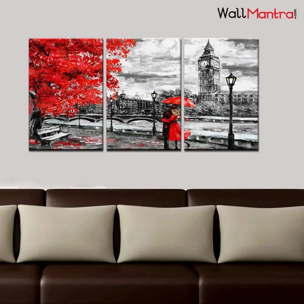 Red And Black Romantic Art Wooden Framed 3 Pieces Canvas Painting