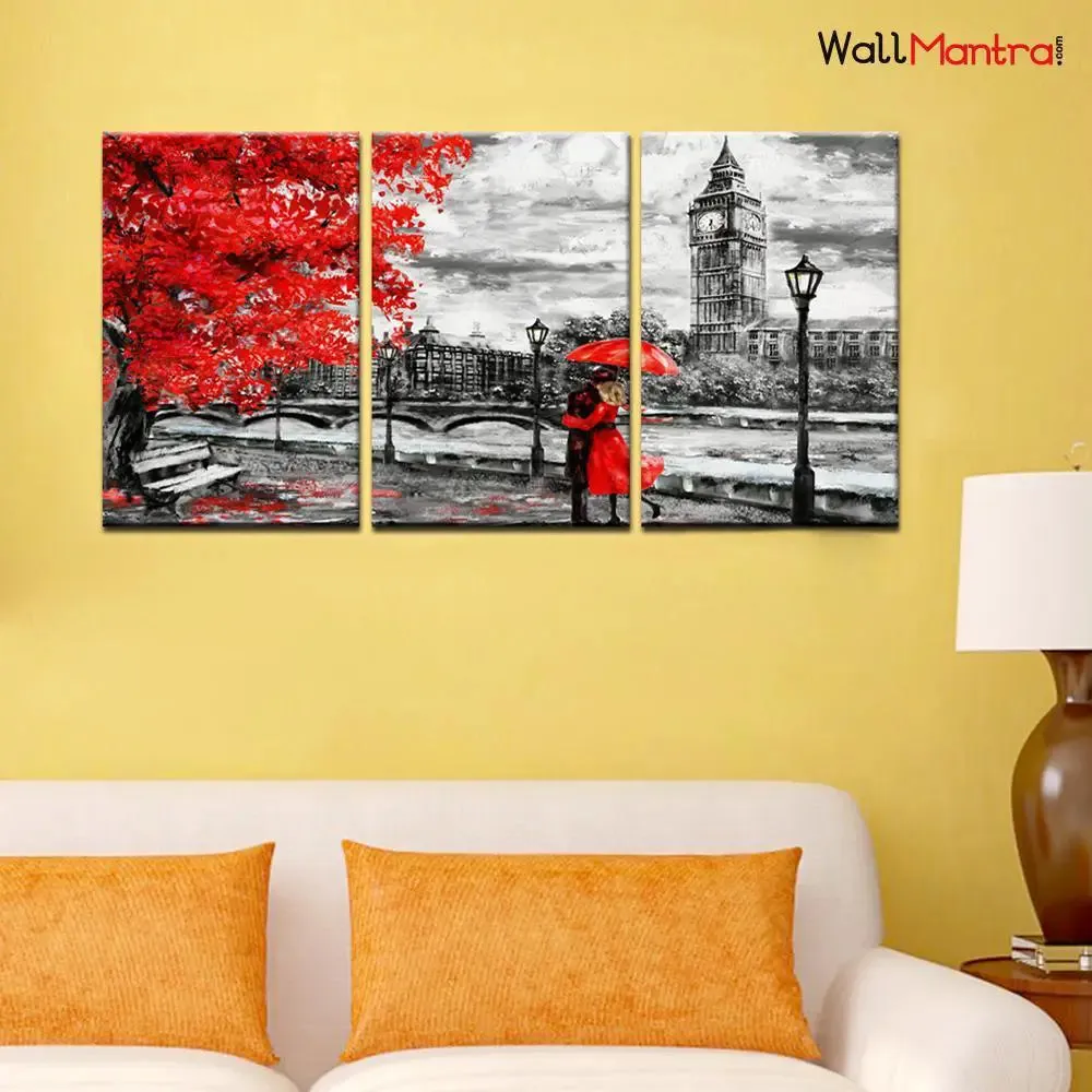 Red And Black Romantic Art Wooden Framed 3 Pieces Canvas Painting