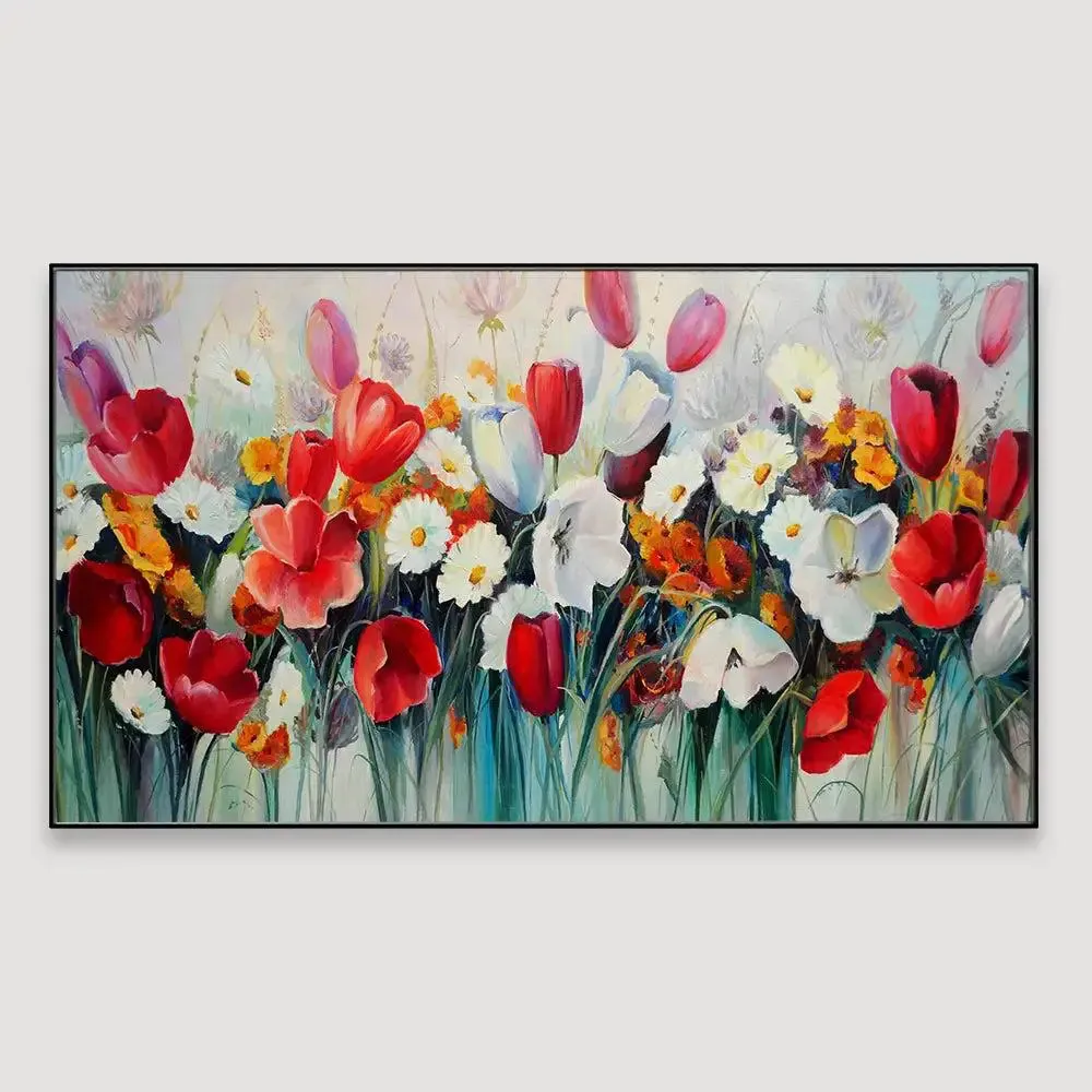 Red and White Tulips Flower Canvas Wall Painting With Frame