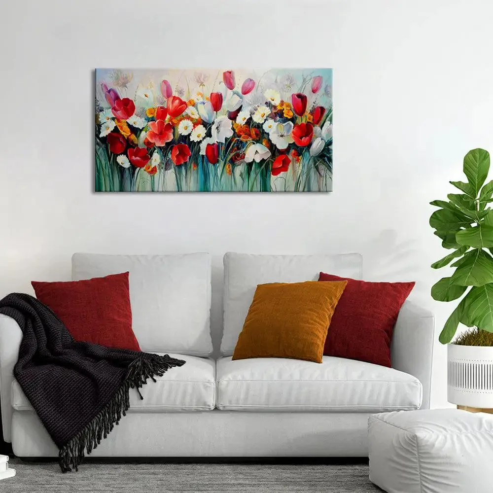 Red and White Tulips Flower Canvas Wall Painting With Frame
