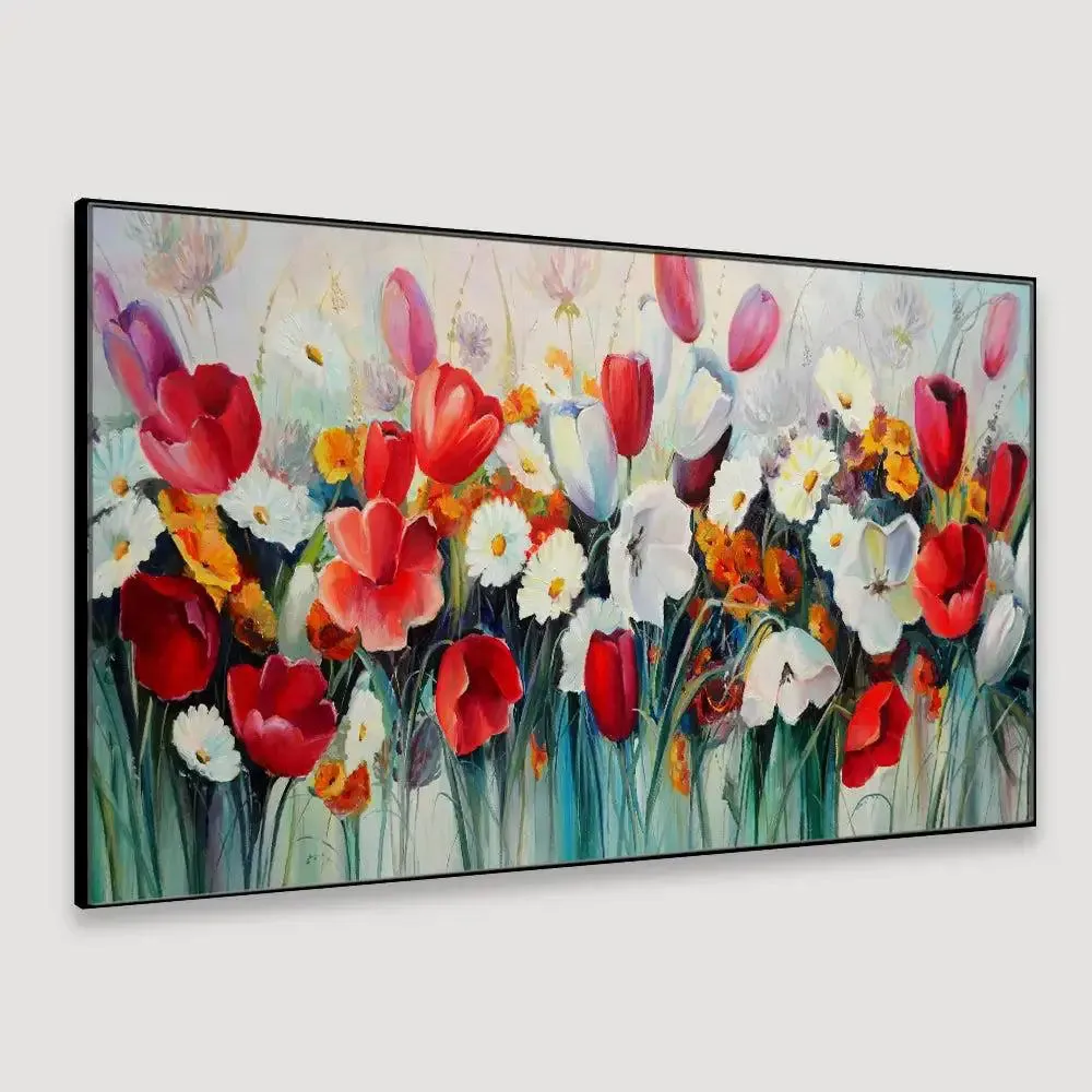 Red and White Tulips Flower Canvas Wall Painting With Frame