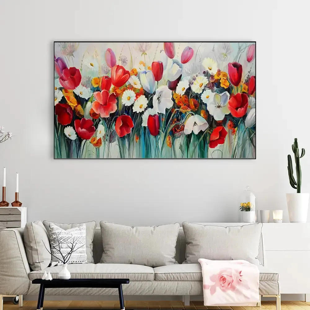 Red and White Tulips Flower Canvas Wall Painting With Frame