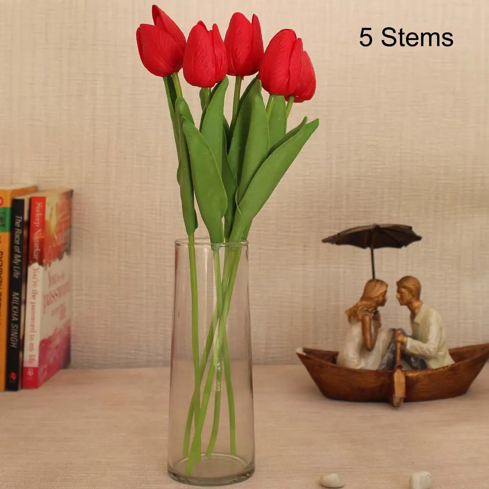Red Artificial Tulip Silk Flower Sticks Set Of 5
