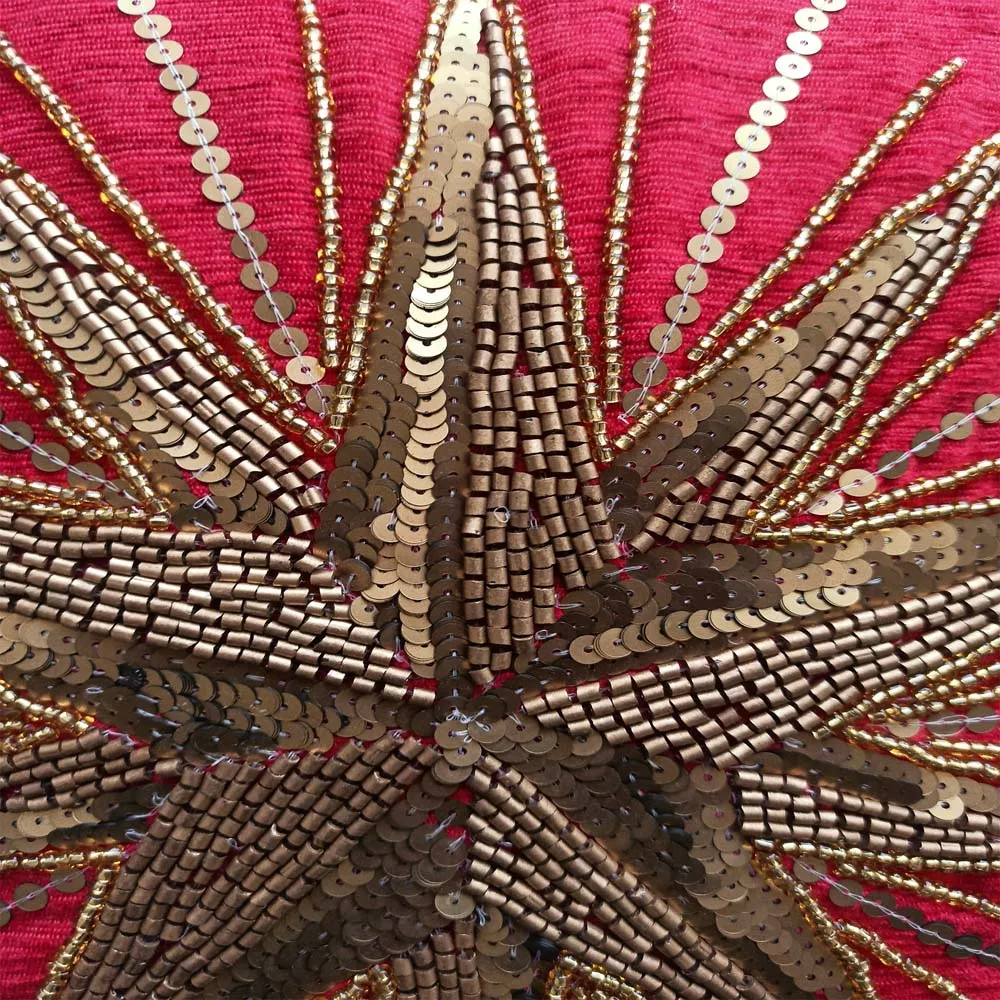 Red Bead Embroidery Poly Dupion Cushion Cover