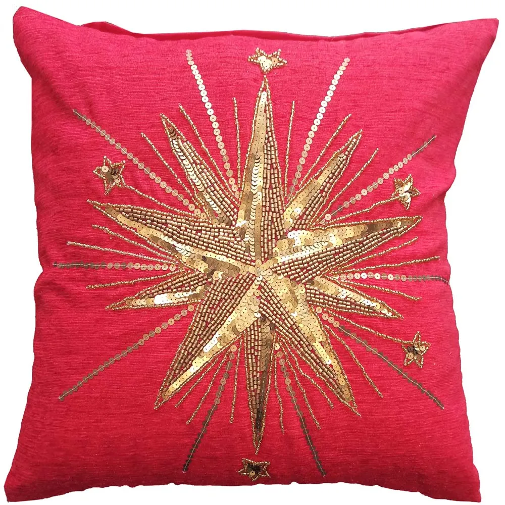 Red Bead Embroidery Poly Dupion Cushion Cover