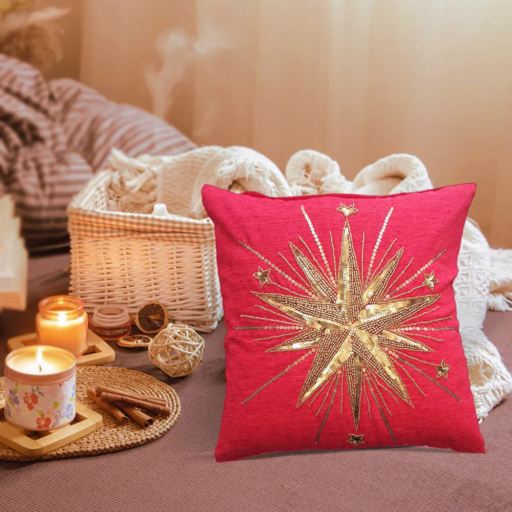 Red Bead Embroidery Poly Dupion Cushion Cover
