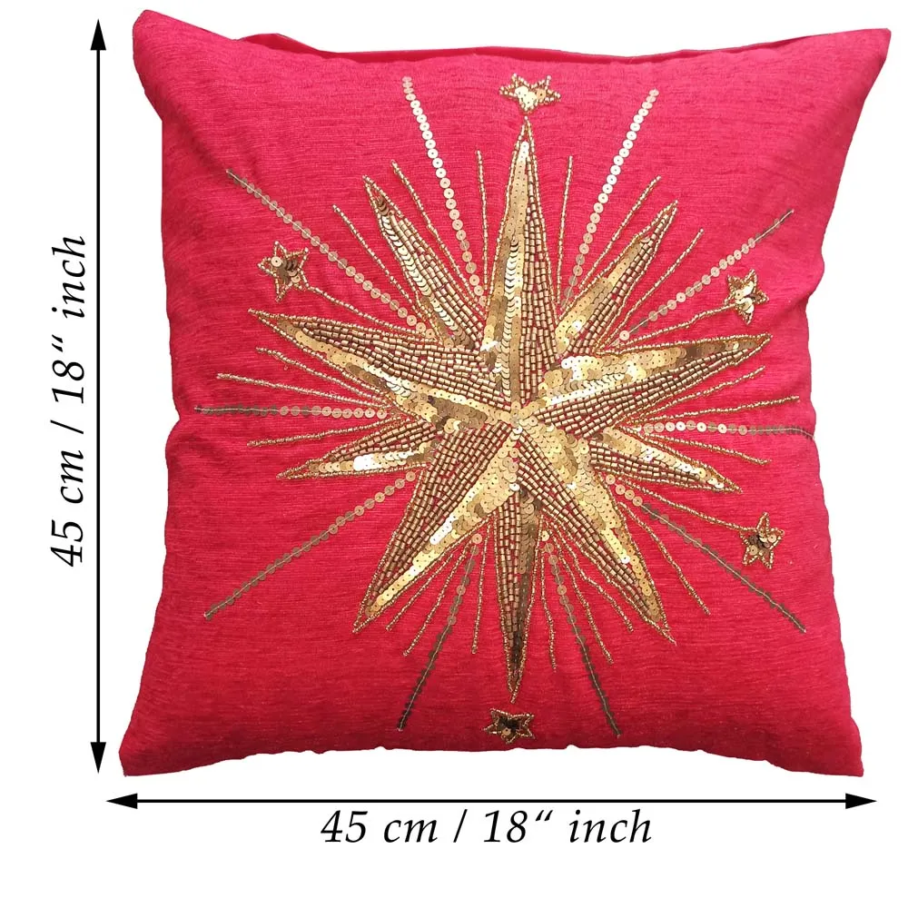 Red Bead Embroidery Poly Dupion Cushion Cover