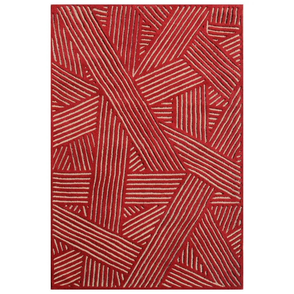 Red & Beige Broad Criss Cross Patterened Tufted Area Carpet 3X5ft