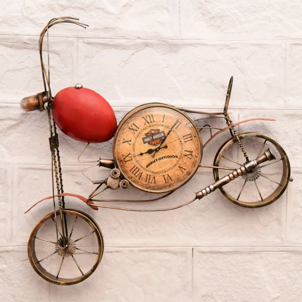 Red Bicycle Wall Clock Made of Wrought Iron for Home Decor