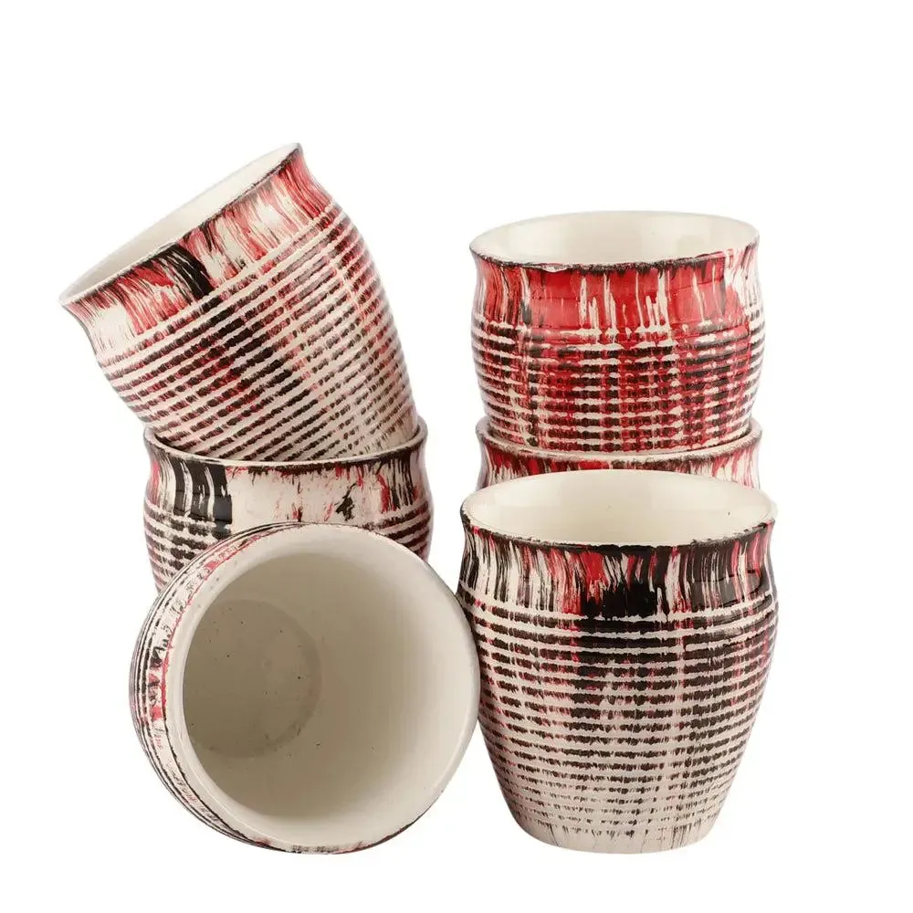 Red, Black & White Abstract Sprayed Handmade & Handpainted Ceramic Chai Kullad Set Of 6