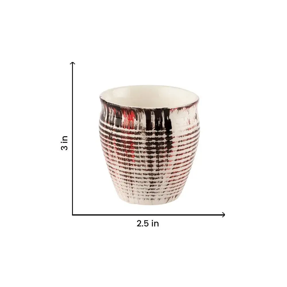 Red, Black & White Abstract Sprayed Handmade & Handpainted Ceramic Chai Kullad Set Of 6