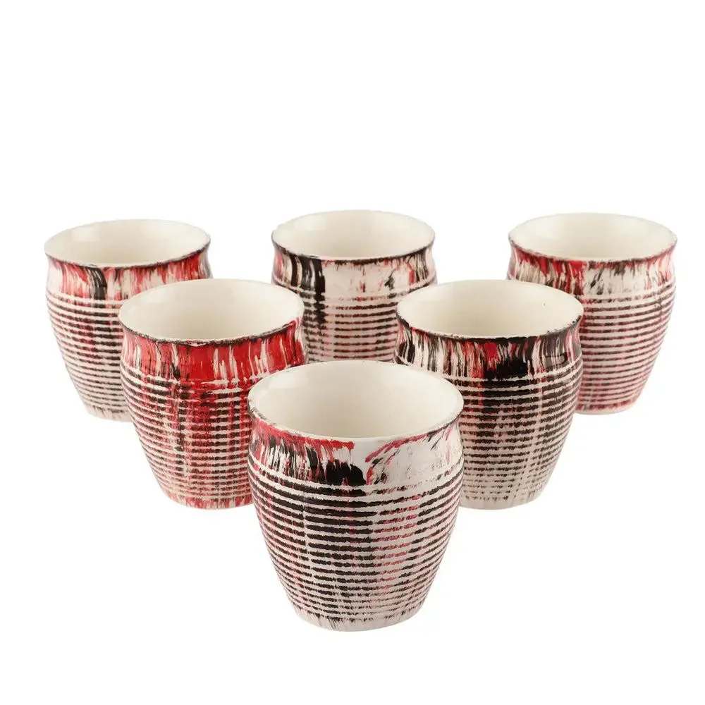 Red, Black & White Abstract Sprayed Handmade & Handpainted Ceramic Chai Kullad Set Of 6