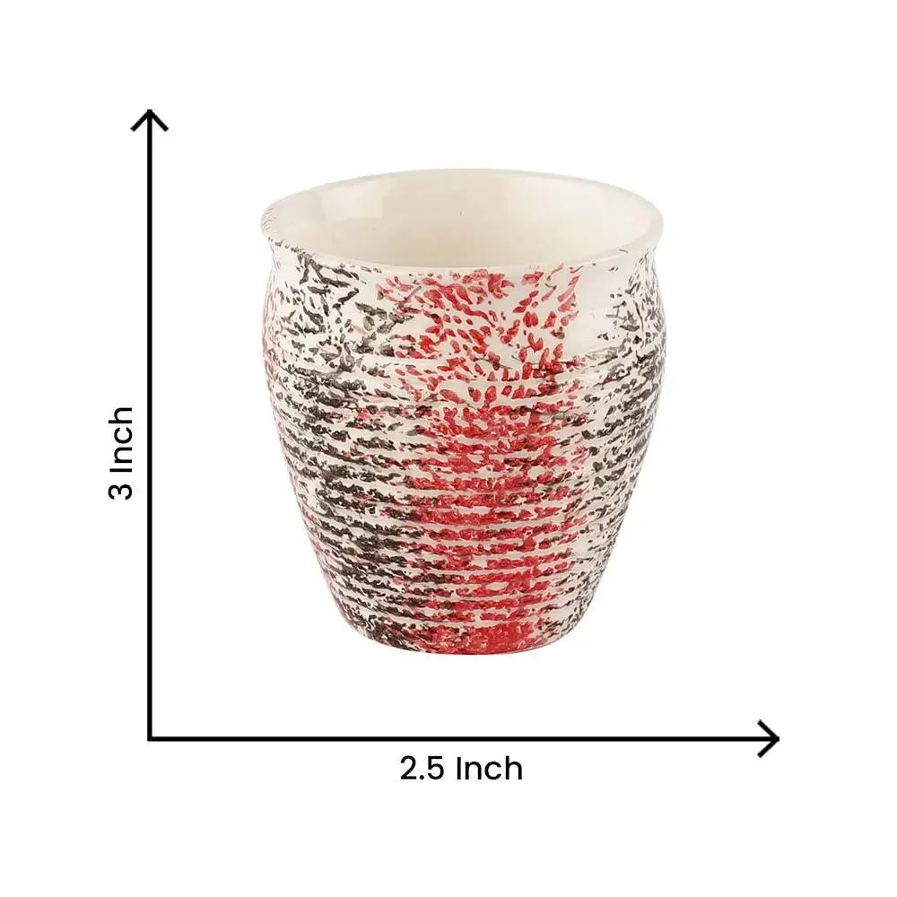 Red, Black & White Sprayed Handmade & Handpainted Ceramic Chai Kullad Set Of 6