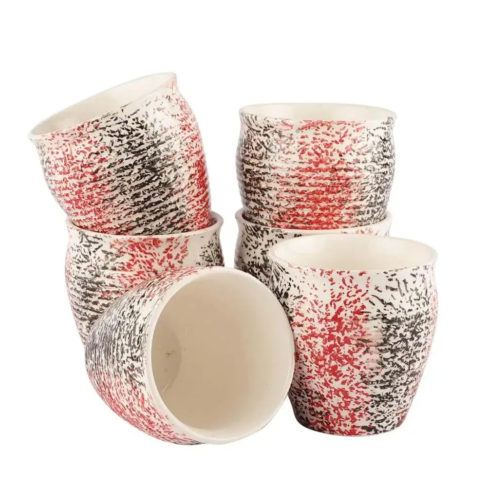 Red, Black & White Sprayed Handmade & Handpainted Ceramic Chai Kullad Set Of 6
