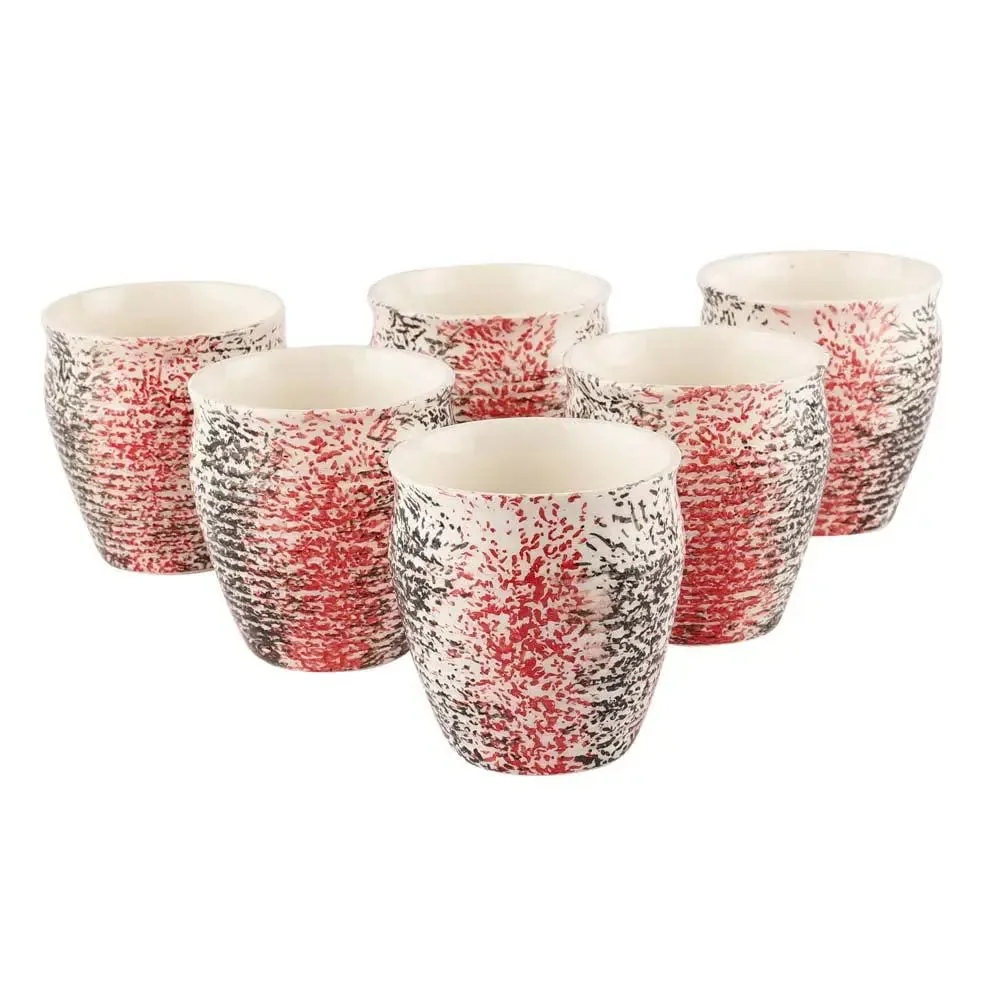 Red, Black & White Sprayed Handmade & Handpainted Ceramic Chai Kullad Set Of 6