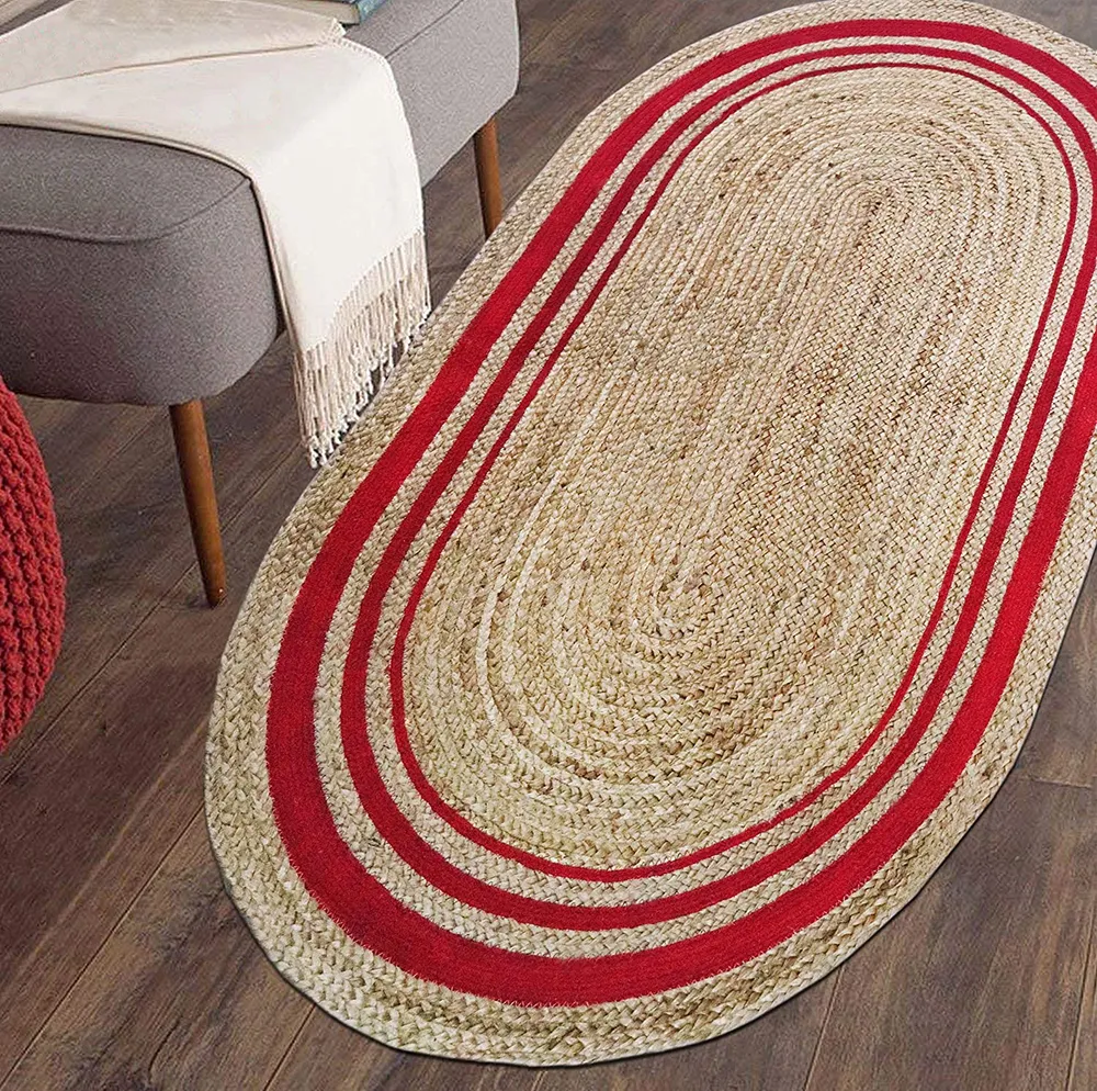 Red Bordered Designer Oval Jute Floormat