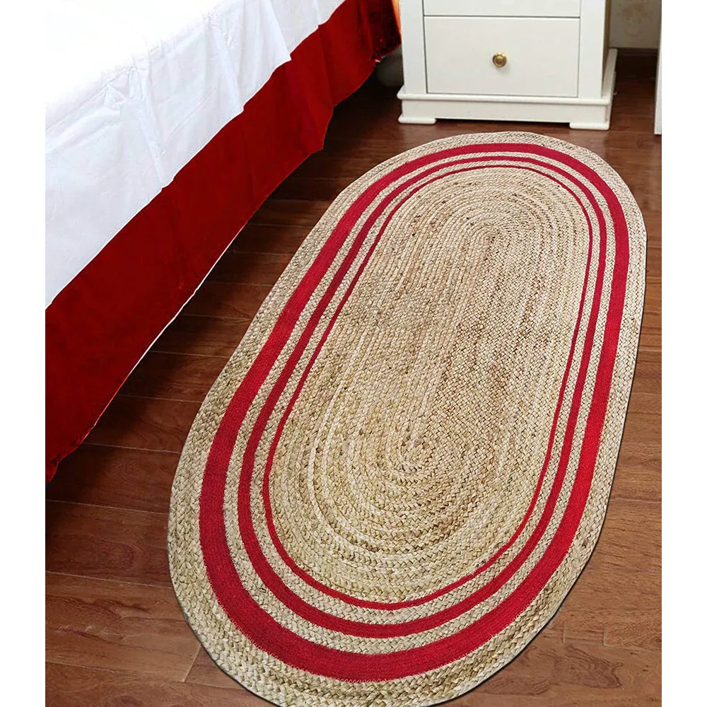 Red Bordered Designer Oval Jute Floormat