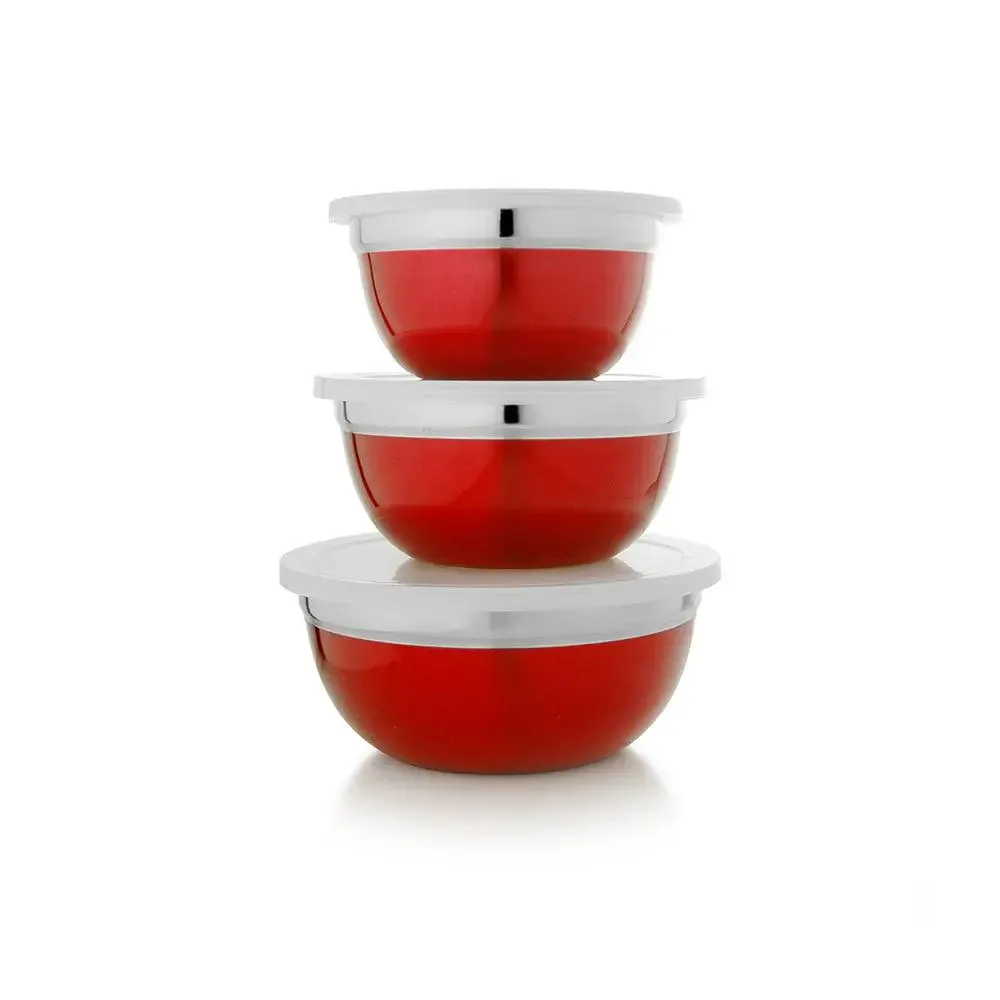 Red Coated Stainless Steel German Mixing Bowl Set With Lid Set Of 3
