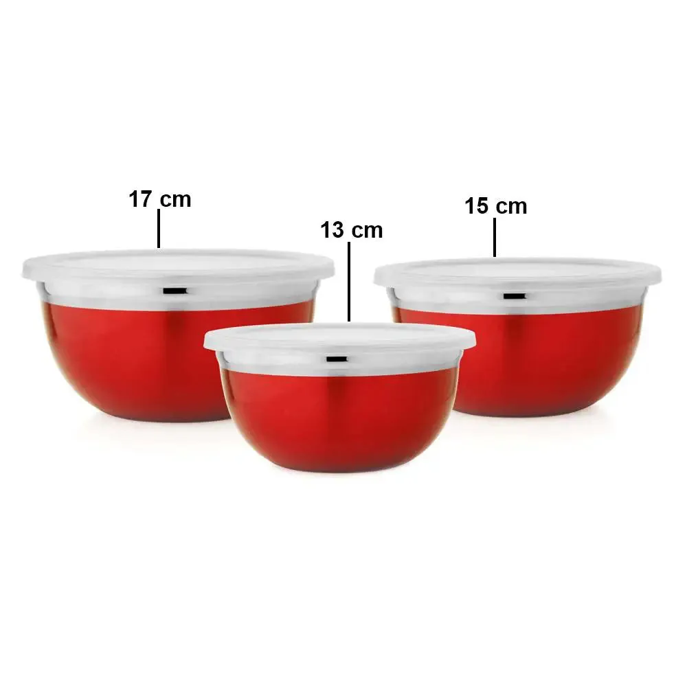 Red Coated Stainless Steel German Mixing Bowl Set With Lid Set Of 3