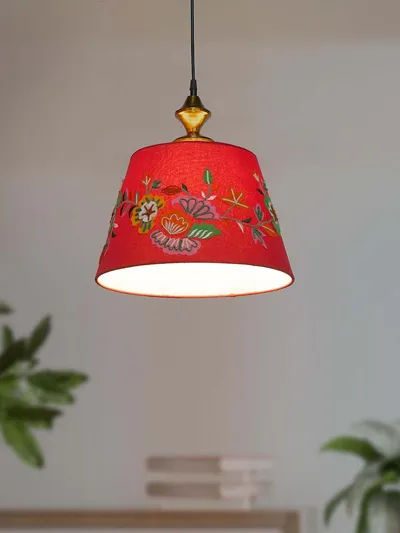 Red Colored Embroidered Fabric Ceiling Hanging Light