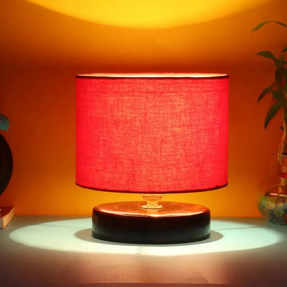 Red Cotton Table Lamp with Brown Wood Base Single Piece