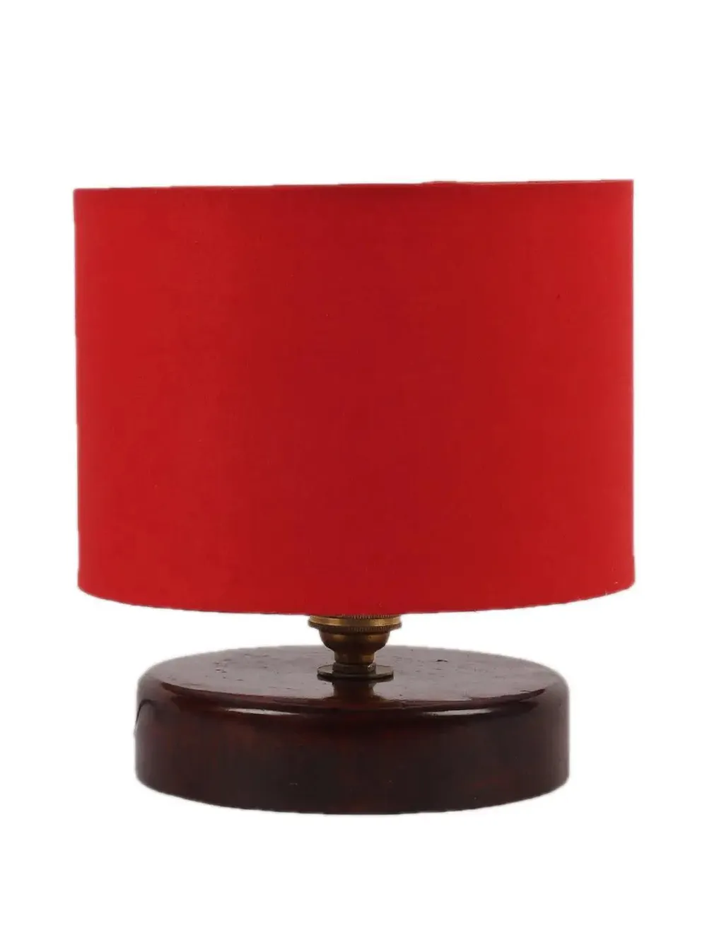 Red Cotton Table Lamp with Brown Wood Base Single Piece