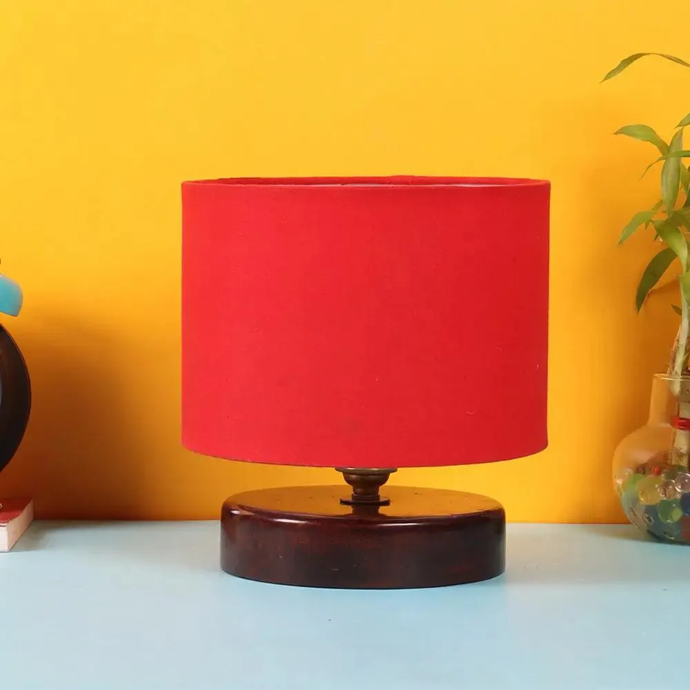 Red Cotton Table Lamp with Brown Wood Base Single Piece