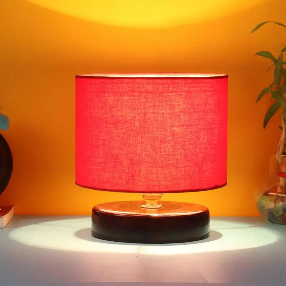 Red Cotton Table Lamp with Brown Wood Base Single Piece