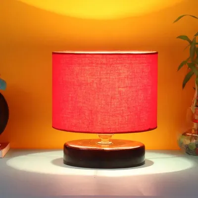 Red Cotton Table Lamp with Brown Wood Base