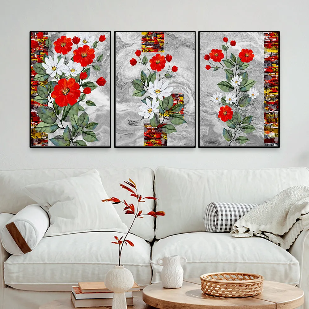 Red Daisy Floral Wall Frame Set of 3