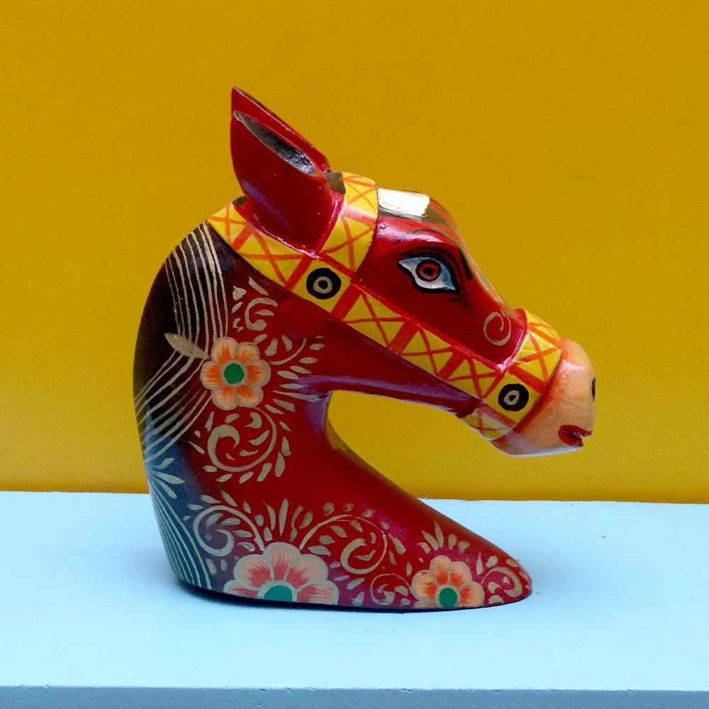 Red Decorated Horse Head Wooden Wall Decor
