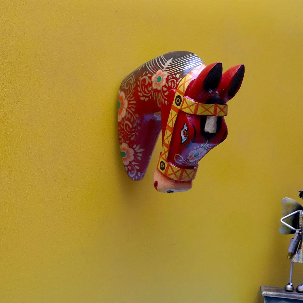 Red Decorated Horse Head Wooden Wall Decor