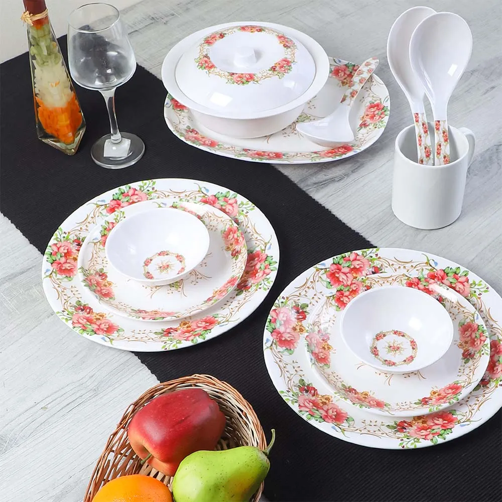 Red Floral Chained Pattern Melamine Dinner Set Of 33