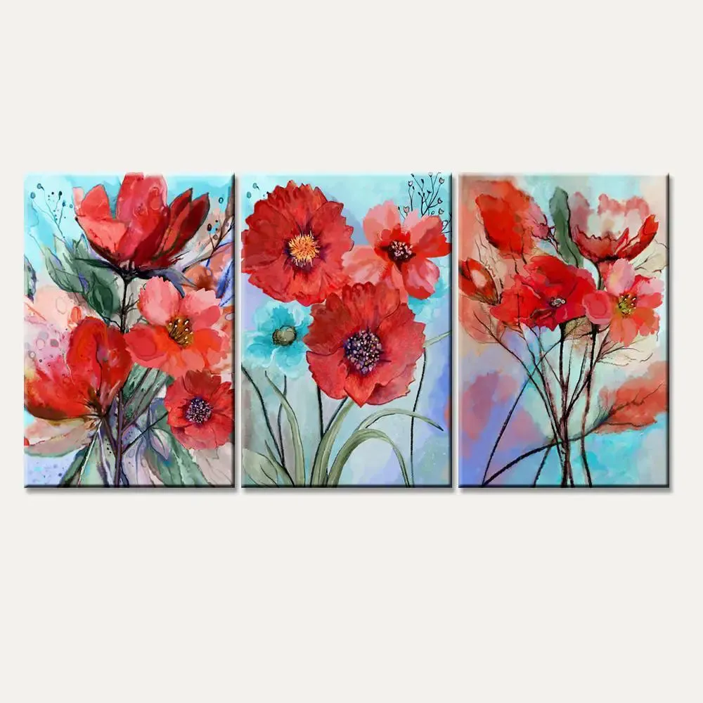 Red flower, leaves 3 Pieces Canvas Printed Painting