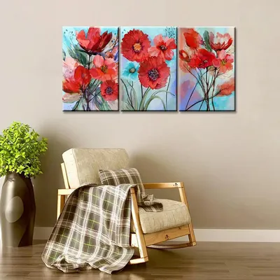 Red flower, leaves 3 Pieces Canvas Printed Painting