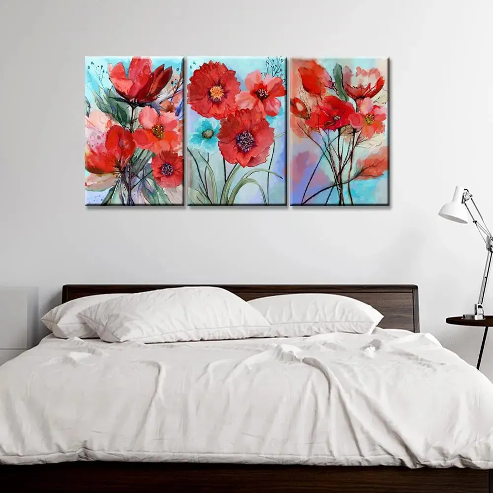 Red flower, leaves 3 Pieces Canvas Printed Painting