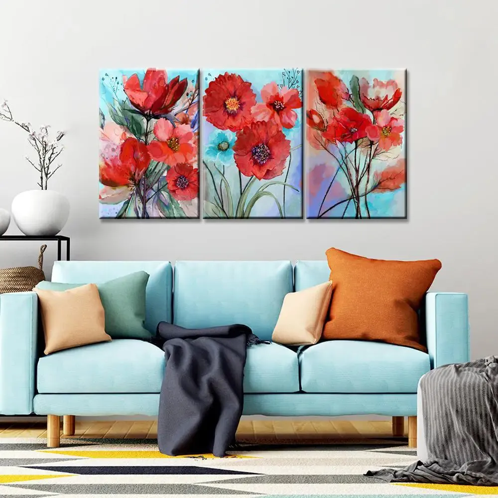 Red flower, leaves 3 Pieces Canvas Printed Painting