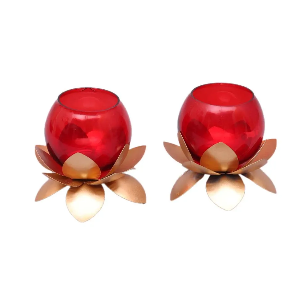 Red Glass On Golden Lotus Tea Light Candle Holders Set of 2
