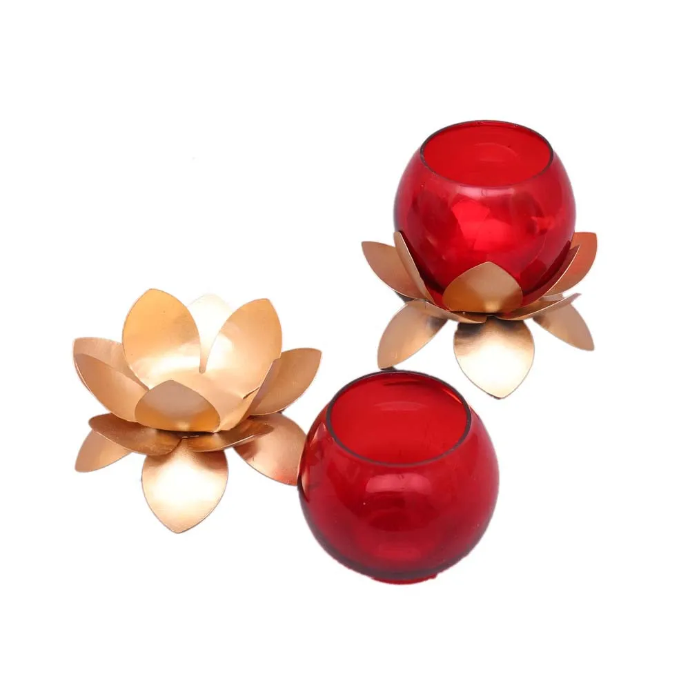 Red Glass On Golden Lotus Tea Light Candle Holders Set of 2