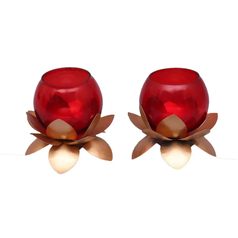 Red Glass On Golden Lotus Tea Light Candle Holders Set of 2