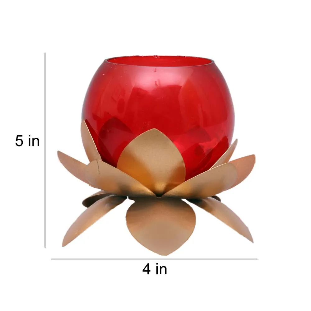 Red Glass On Golden Lotus Tea Light Candle Holders Set of 2